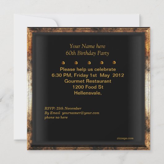 Invitation 60e anniversaire fête Elégant Mens Rusty Gold Noir (Dos)