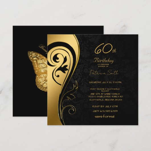 Invitation 60e anniversaire fête Elégante Black & Gold Swirls (Devant / Derrière)