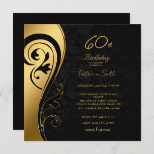 Invitation 60e anniversaire fête Elégante Black & Gold Swirls