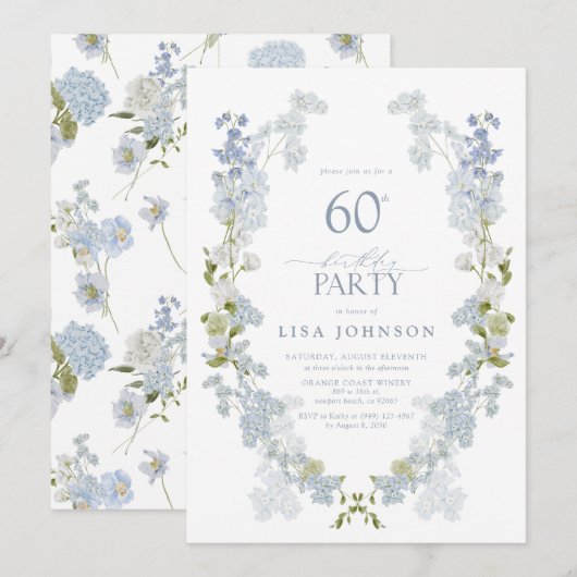 Invitation 60e anniversaire fête élégante Dusty Blue Floral (Devant / Derrière)