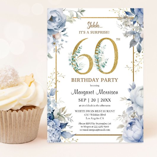 Invitation 60e anniversaire fête élégante Dusty Blue Floral