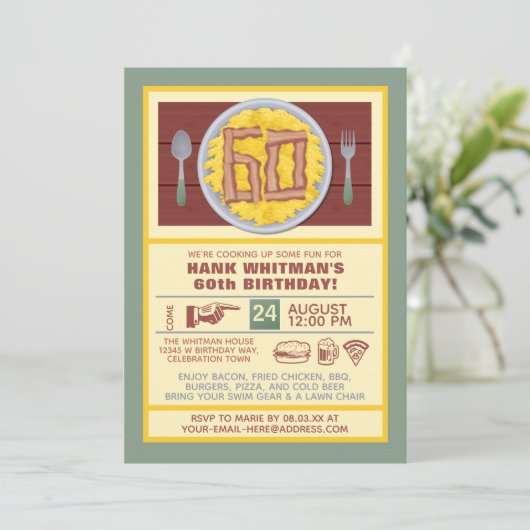 Invitation 60e anniversaire Fête Mens Funny Bacon Eggs Thème (Debout devant)