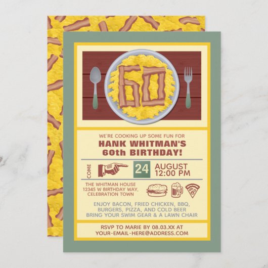 Invitation 60e anniversaire Fête Mens Funny Bacon Eggs Thème (Devant / Derrière)