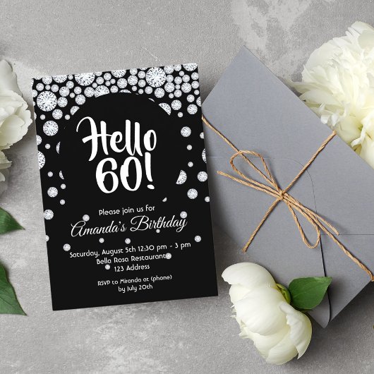 Invitation 60e anniversaire fête noir diamants blancs bonjour