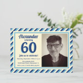 Invitation 60e Anniversaire Fête Retro Bleu Stripes Homme Pho (Debout devant)
