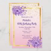Invitation 60e anniversaire fête rose or violet jardin fleur (Devant / Derrière)