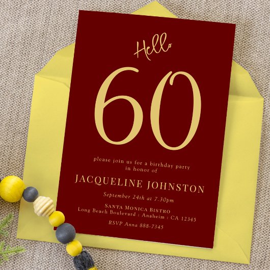 Invitation 60e Anniversaire Fête Rouge et Or Bonjour 60