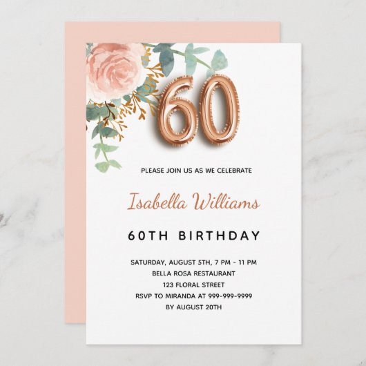 Invitation 60e anniversaire fleuri rose or eucalyptus vert (Devant / Derrière)