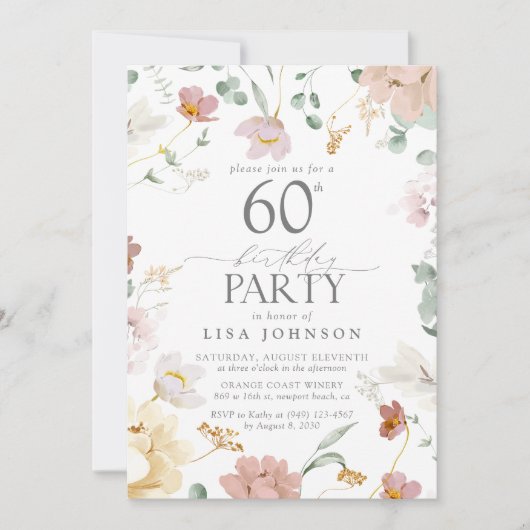 Invitation 60e anniversaire Fleurs d'aquarelle rose pâle (Devant)