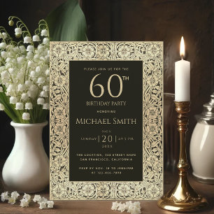 Invitation 60e Anniversaire Fleurs Noir Or Élégant Vintage