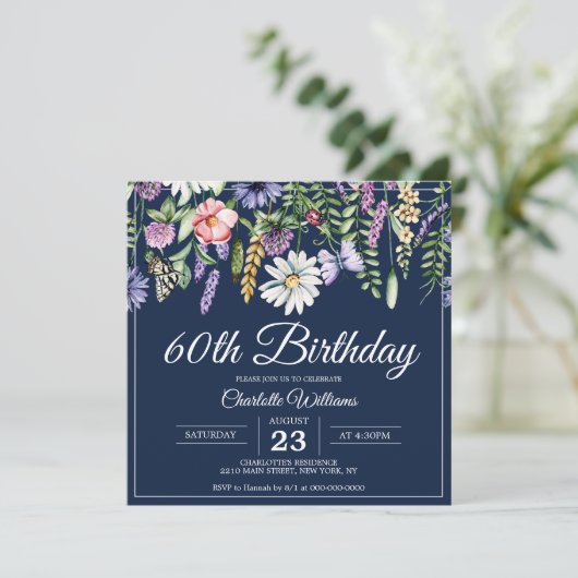 Invitation 60e anniversaire Fleurs sauvages Elégant Marine Bl (Debout devant)