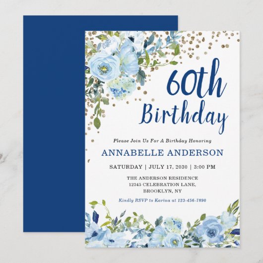 Invitation 60e anniversaire Floral Navy Blue Gold Parties sci (Devant / Derrière)