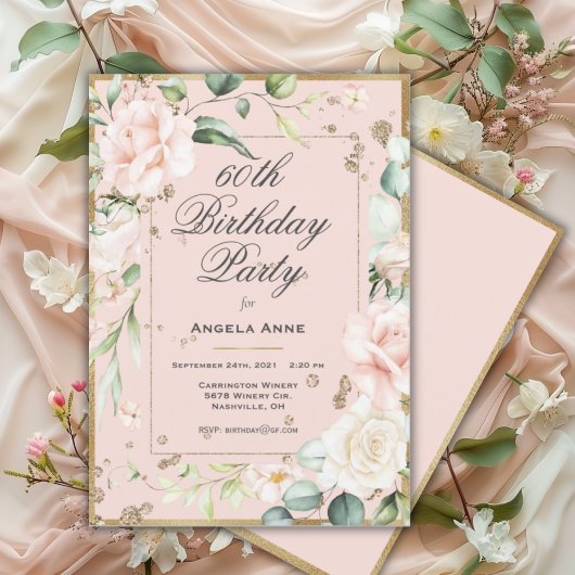 Invitation 60e anniversaire Floral rose or Aquarelle Floral