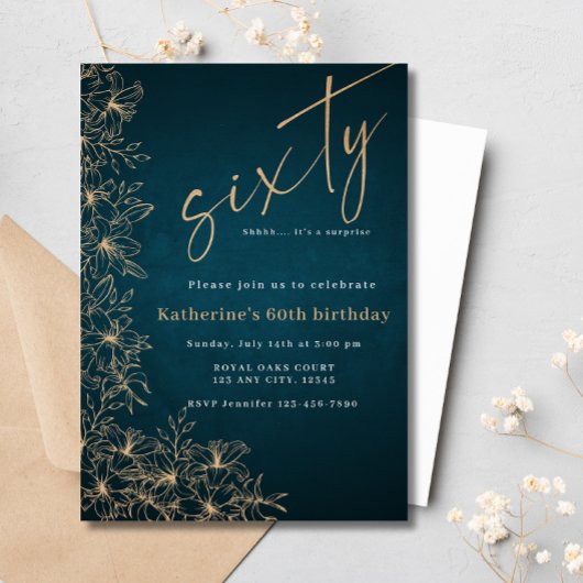 Invitation 60e Anniversaire Floral Turquoise & Or moderne