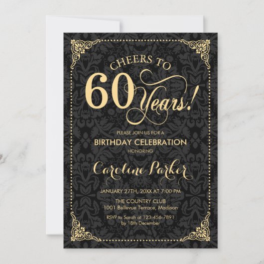 Invitation 60e anniversaire - Gold Black Damask (Devant)
