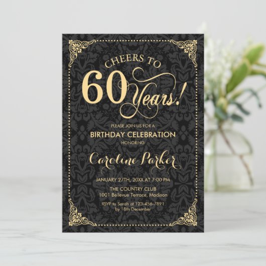 Invitation 60e anniversaire - Gold Black Damask (Debout devant)
