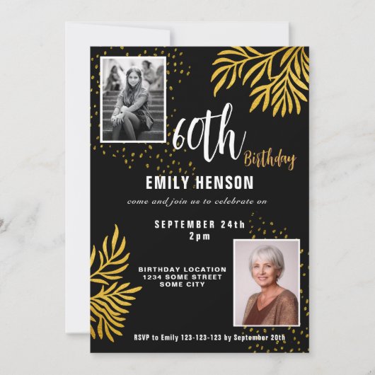 Invitation 60e anniversaire Gold Foliage 2 Photo Party (Devant)