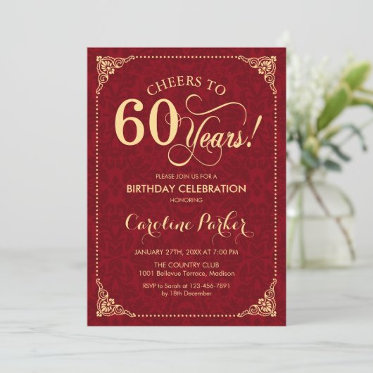 Invitation 60e anniversaire - Gold Red Damask (Debout devant)