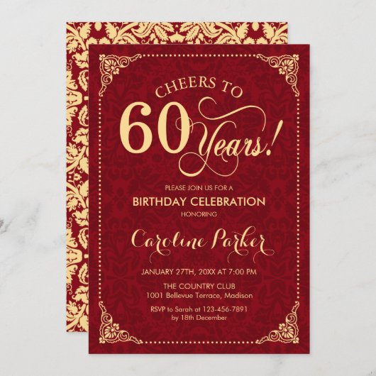 Invitation 60e anniversaire - Gold Red Damask (Devant / Derrière)