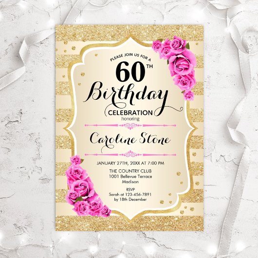 Invitation 60e Anniversaire Gold Stripes Roses Rose