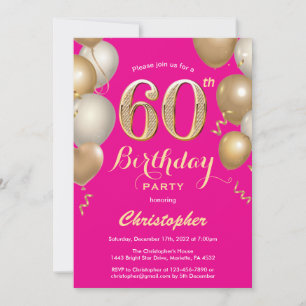 Invitation 60e Anniversaire Hot Pink et Gold Balloons Confett