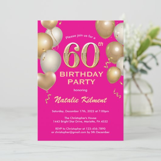Invitation 60e anniversaire Hot Pink et Gold Parties scintill (Debout devant)