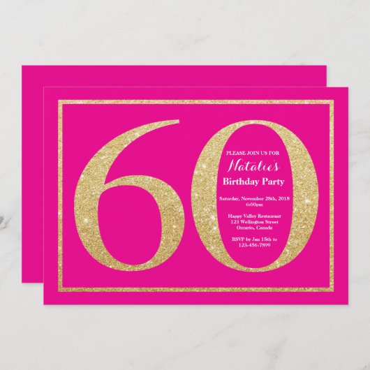 Invitation 60e anniversaire Hot Pink et Parties scintillant o (Devant / Derrière)