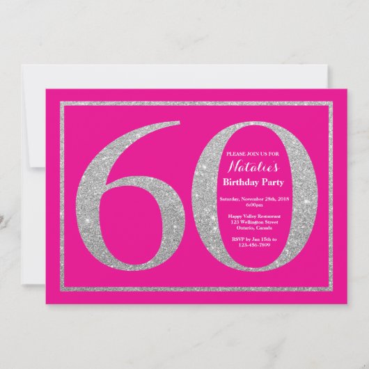 Invitation 60e anniversaire Hot rose et Parties scintillant d (Devant)