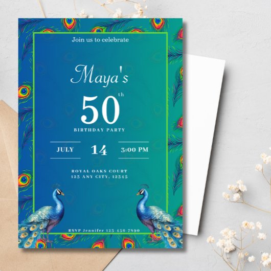 Invitation 60e anniversaire Indien Ethnic Green Gold Peacock