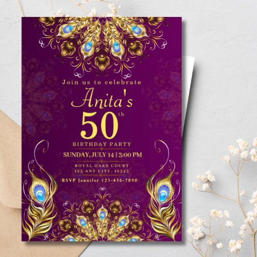 Invitation 60e anniversaire Indien Ethnic Pink Gold Peacock