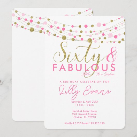 Invitation 60e anniversaire invitation, rose et or (Devant / Derrière)