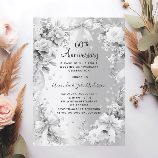 Invitation 60e anniversaire mariage diamant argent arc floral
