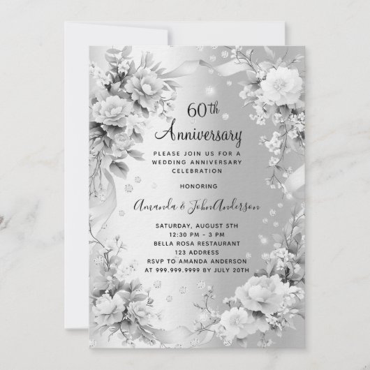 Invitation 60e anniversaire mariage diamant argent luxe (Devant)