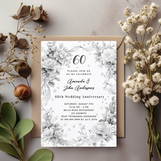 Invitation 60e anniversaire mariage diamant flor argent