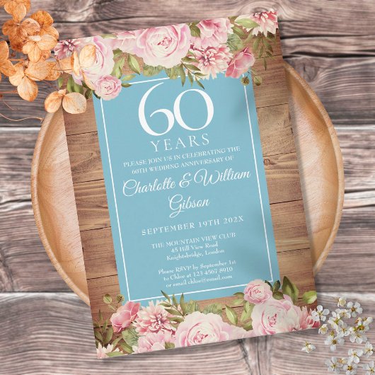 Invitation 60e anniversaire Mariage Rustique Rose verdure