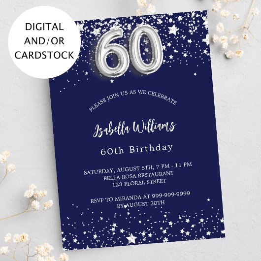 Invitation 60e anniversaire marine bleu argent étoiles