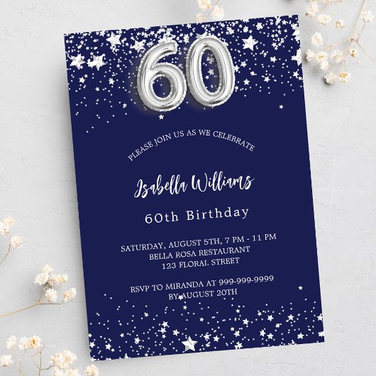 Invitation 60e anniversaire marine bleu argent étoiles luxe