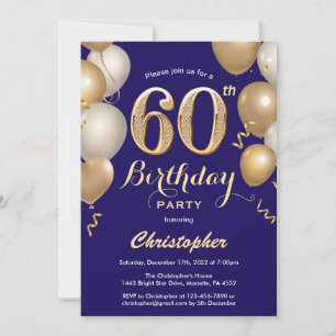 Invitation 60e anniversaire Marine Bleu et Ballons d'or Confe