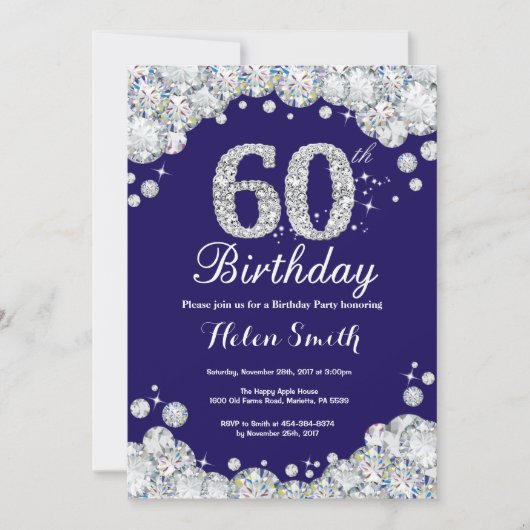 Invitation 60e anniversaire Marine Bleu et Diamant d'argent (Devant)