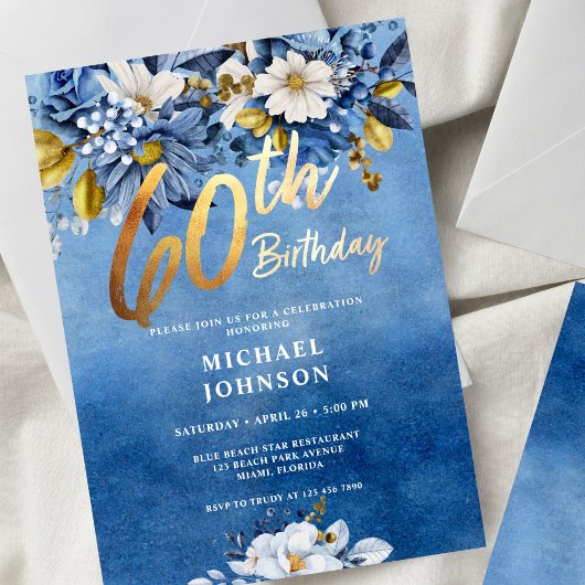 Invitation 60e anniversaire Marine bleu et or floral