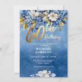 Invitation 60e anniversaire Marine bleu et or floral (Devant)