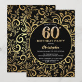 Invitation 60e anniversaire Modèle floral noir et or (Devant / Derrière)