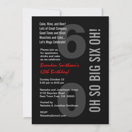Invitation 60e anniversaire moderne Black White Red SIX OH! (Devant)