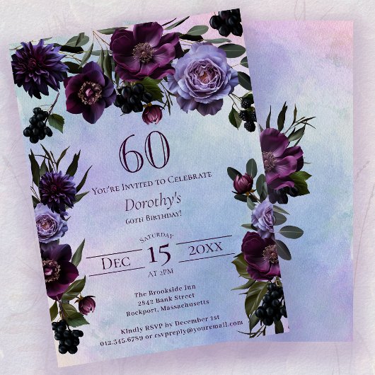 Invitation 60e anniversaire Moody Purple Gothic Flower