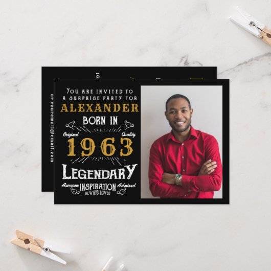 Invitation 60e anniversaire Né 1963 Black Gold Retro Photo (Devant/Arrière en situation)