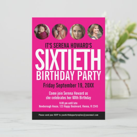 Invitation 60e anniversaire noir blanc cercles photo rose (Debout devant)