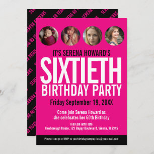 Invitation 60e anniversaire noir blanc cercles photo rose