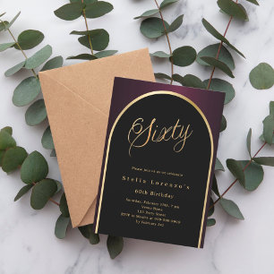 Invitation 60e anniversaire noir bordeaux or arche script