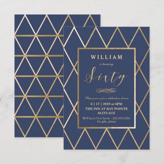 Invitation 60e Anniversaire - Or, Élégant, Petit (Devant / Derrière)