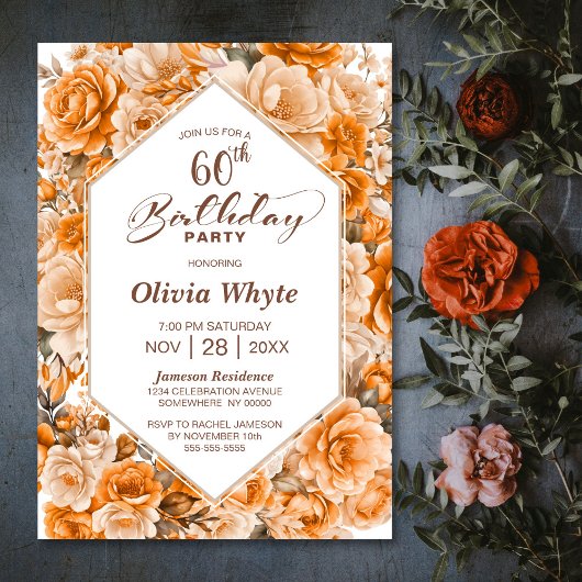 Invitation 60e anniversaire Orange Rose Floral Party